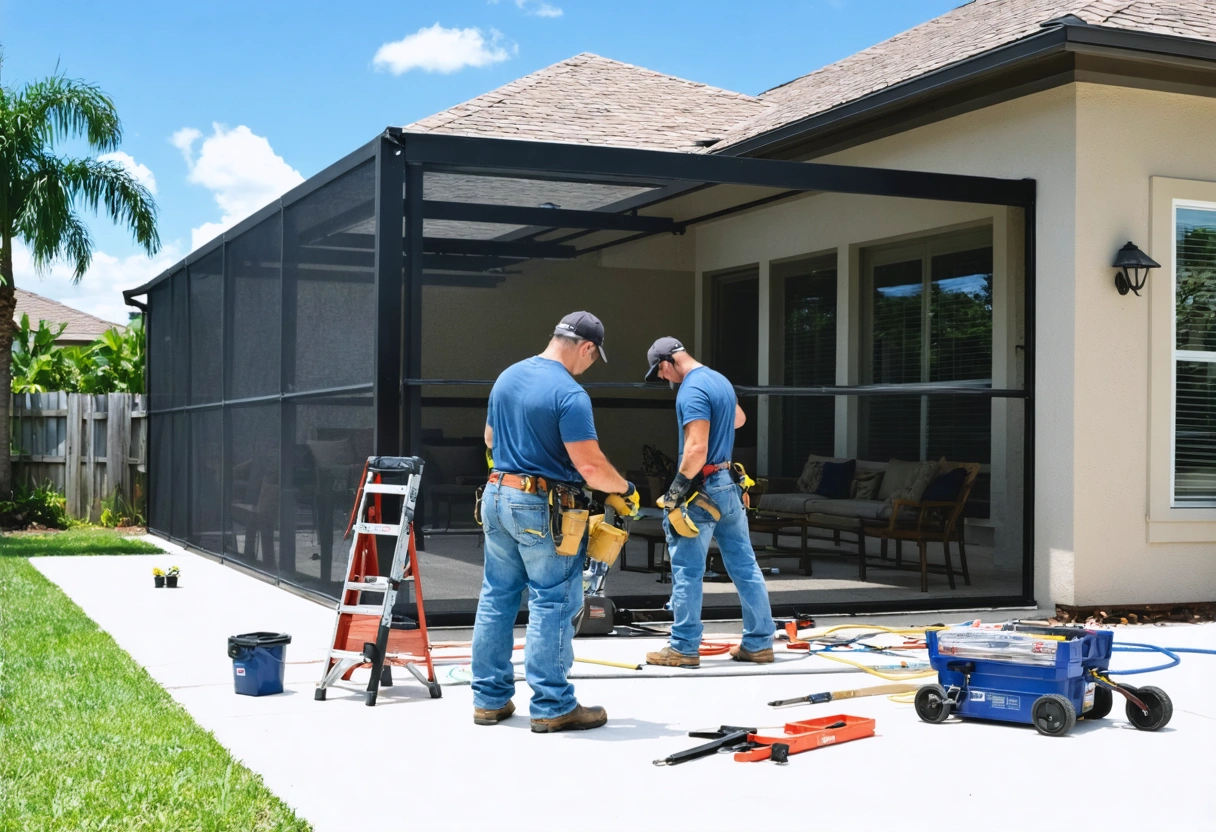 Professional installers assembling hurricane-rated screen enclosure in Florida