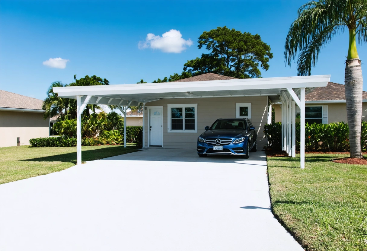 Modern single family home with carport and parked car in sunny Punta Gorda, Florida