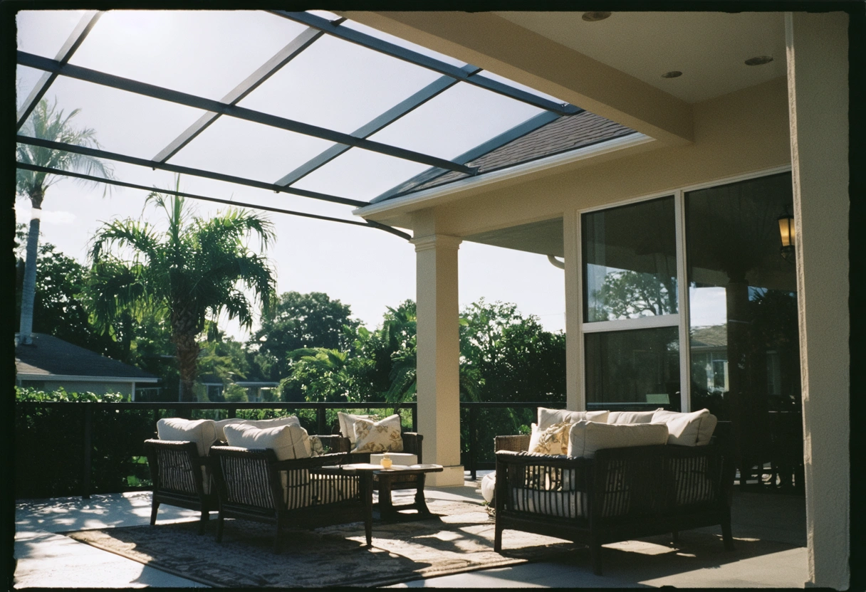 Durable aluminum lanai enclosure showcasing energy efficiency under sunny sky.