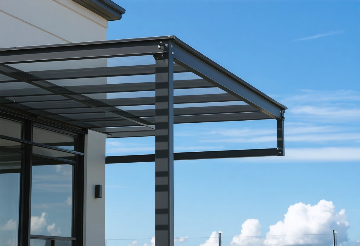Close-up of sleek aluminum lanai enclosure complementing modern house architecture.