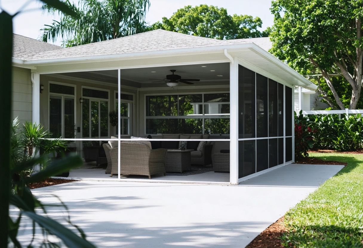 A completed screen enclosure in a Port Charlotte backyard, showcasing a comfortable outdoor living space