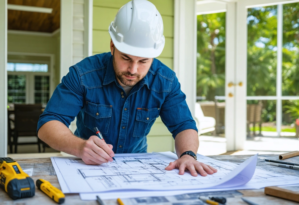 Contractor and homeowner reviewing aluminum lanai enclosure blueprints in workspace.