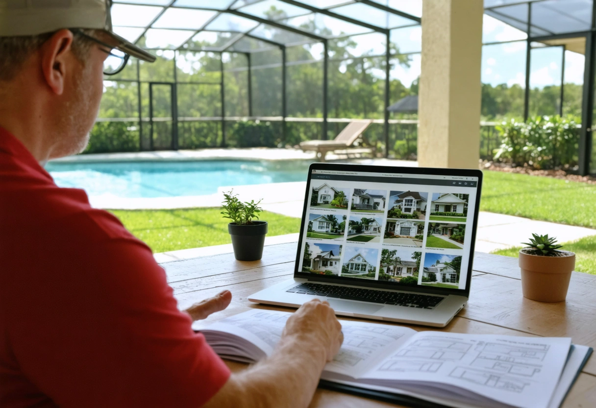 A contractor discussing screen enclosure plans with a homeowner in Port Charlotte. The scene includes