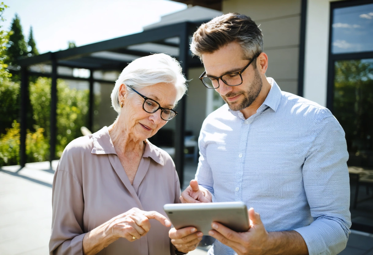 Couple consulting professional about screen enclosure options on patio