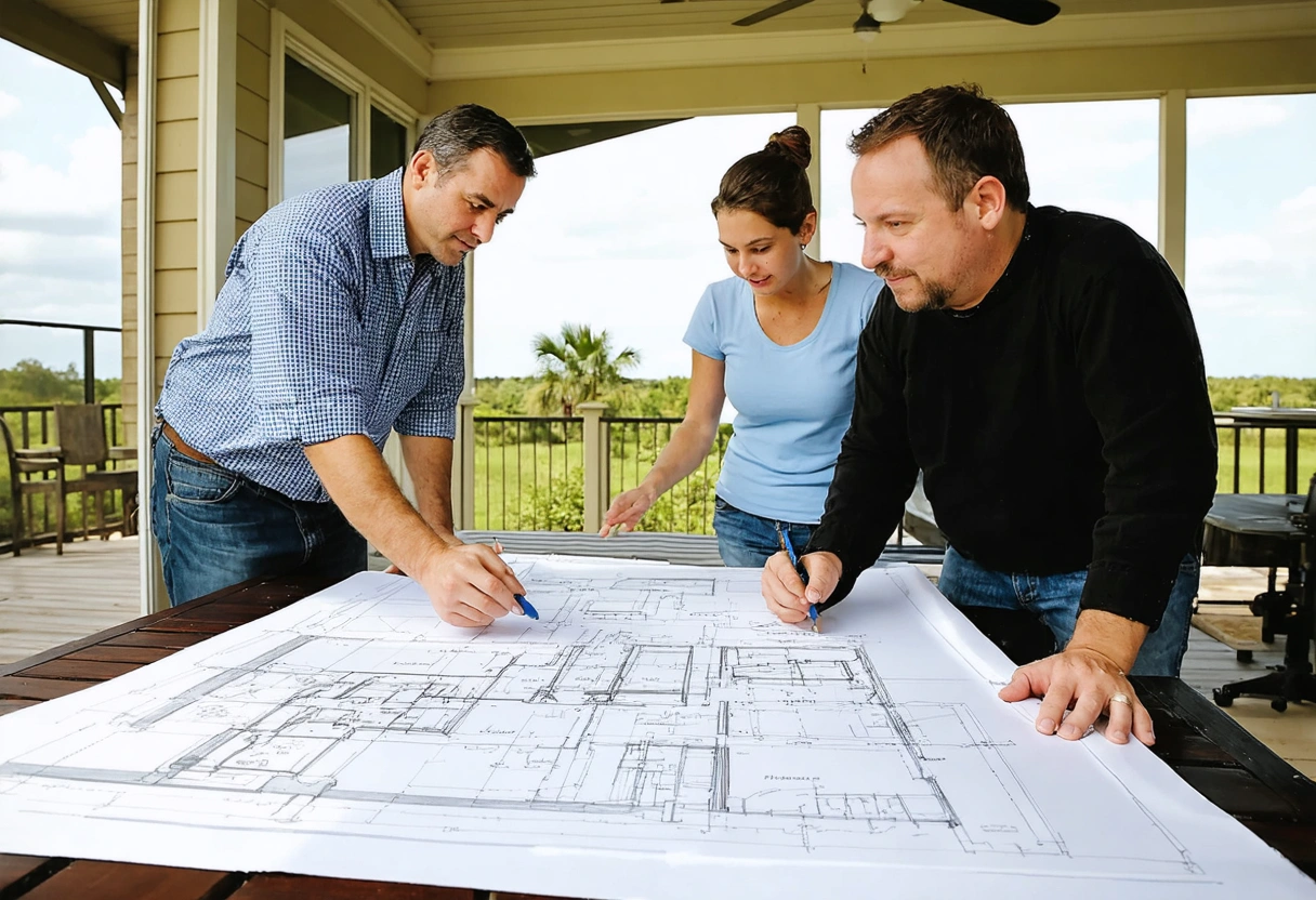 A designer and homeowner discussing plans for a screen enclosure in a Port Charlotte home.