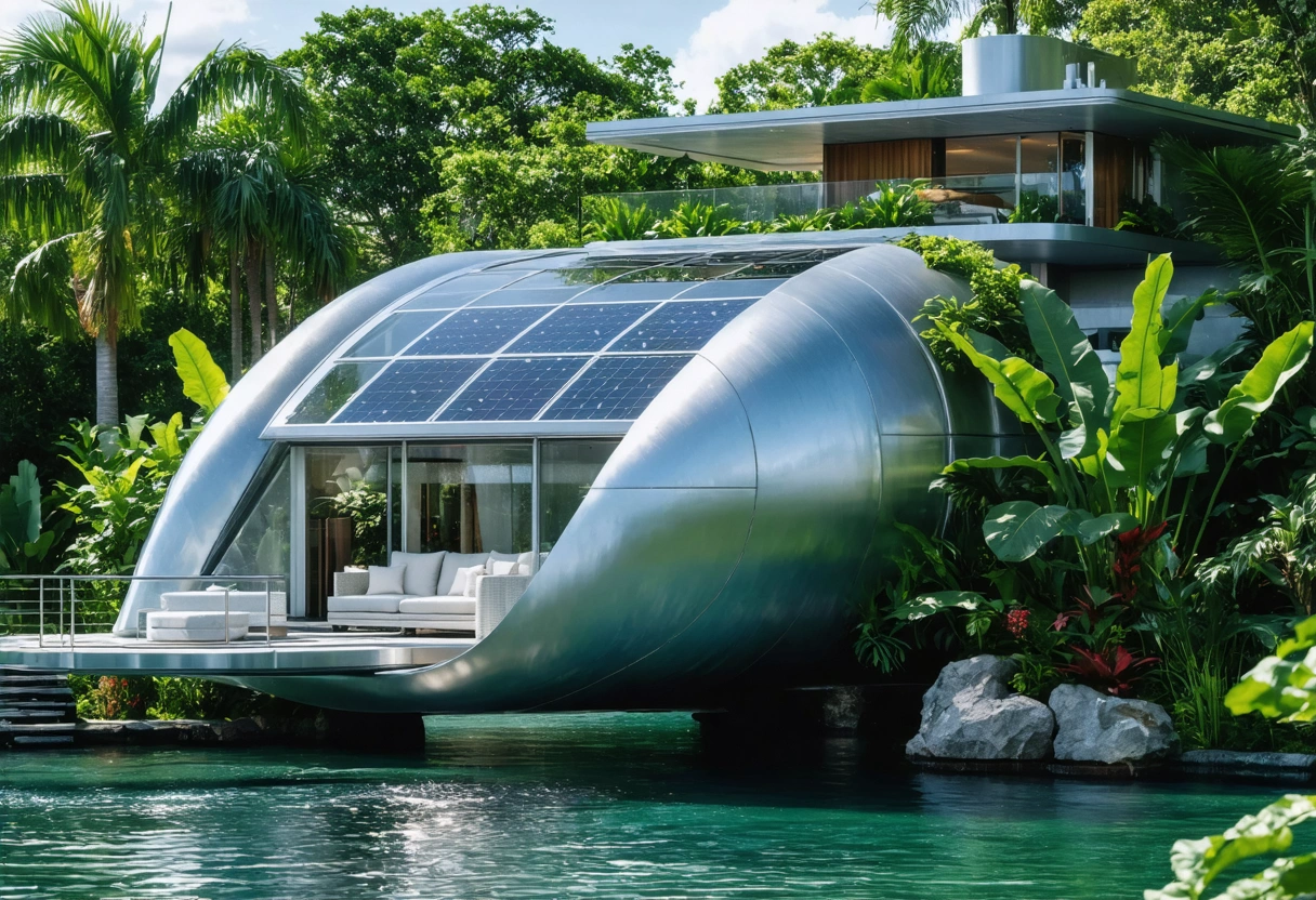 Futuristic aluminum lanai with solar panels and natural materials in tranquil setting.