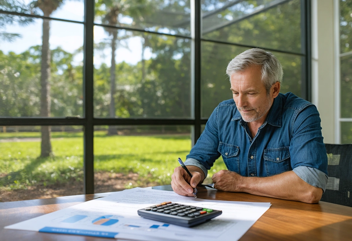 Homeowner reviewing screen enclosure quotes with sunny Florida view