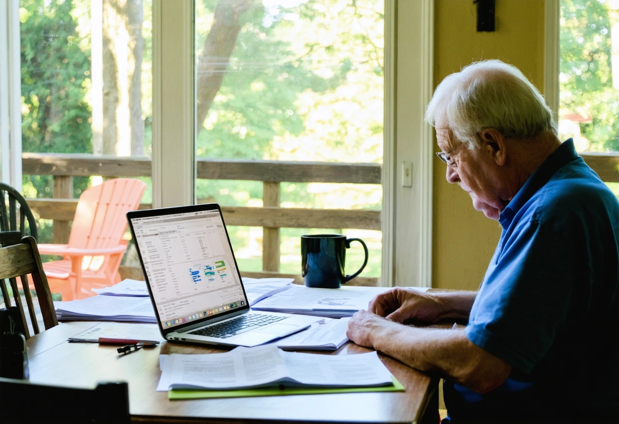 A homeowner reviewing insurance documents for screen enclosure repairs, sitting at a table with papers