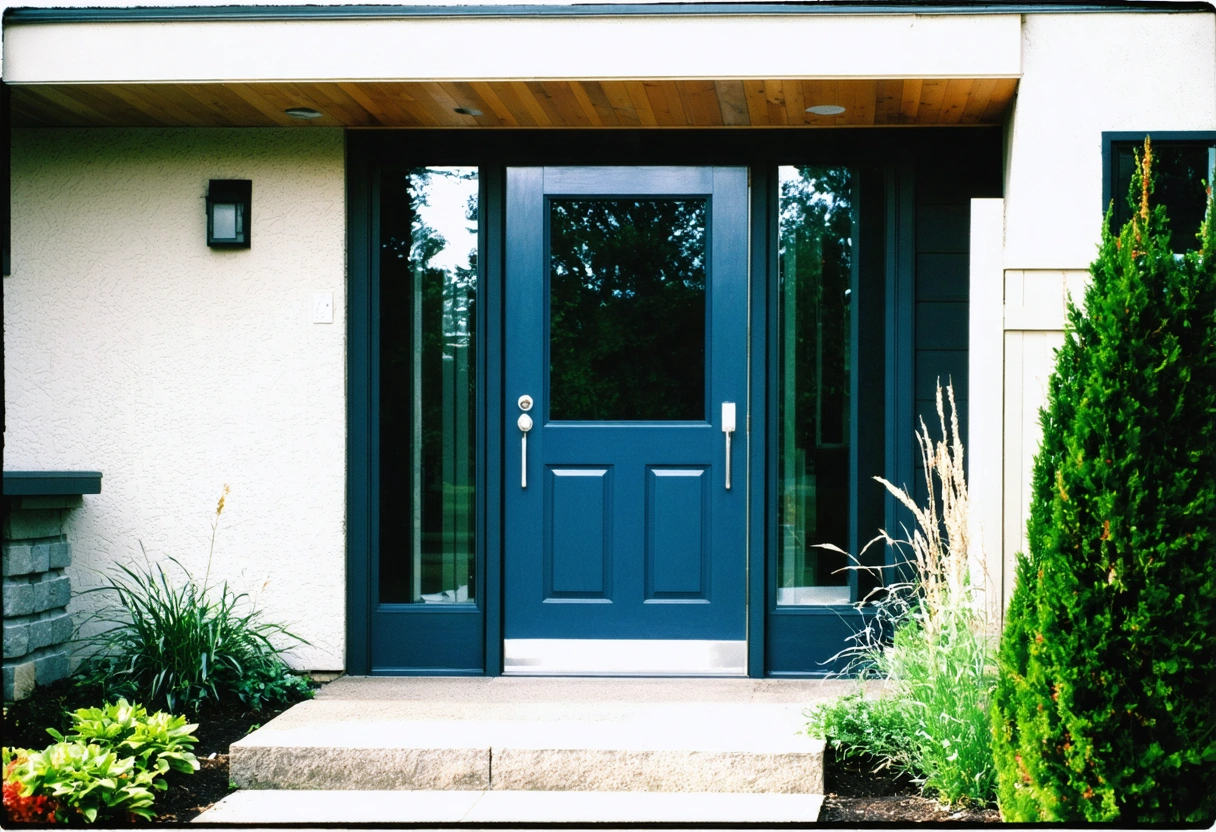 A modern aluminum front door with large glass panels, painted in a stylish color. The