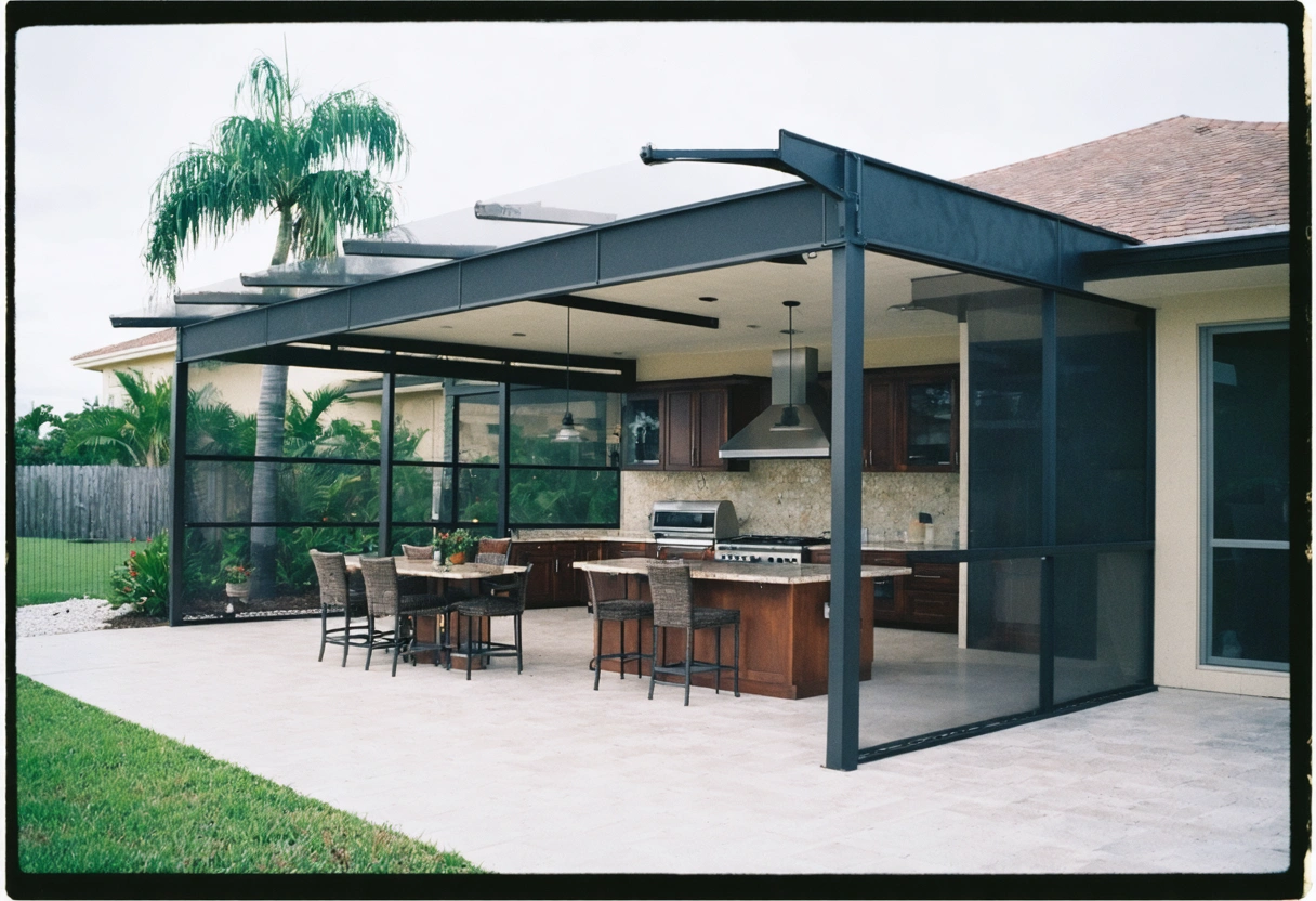 A multifunctional screen enclosure in Port Charlotte, featuring an outdoor kitchen, dining area, and play