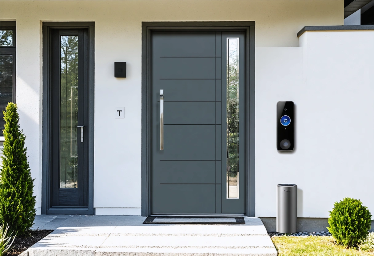 A smart aluminum front door with integrated electronic locking and smart doorbell, in a modern