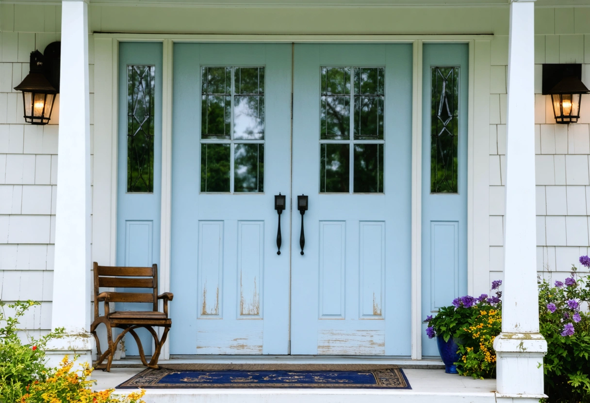 A traditional wooden front door on a humid day in Port Charlotte, showing signs of