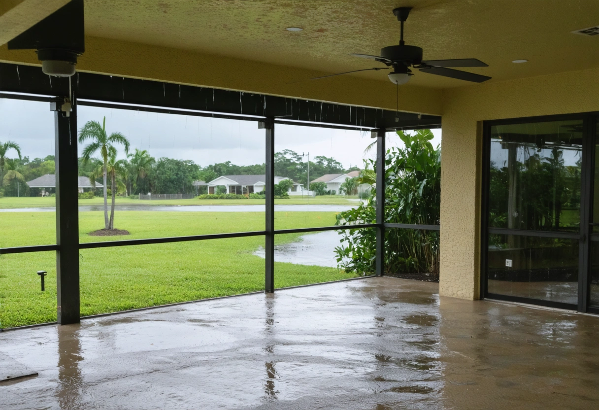 Aluminum lanai enclosure with drainage system amidst lush greenery during rain.