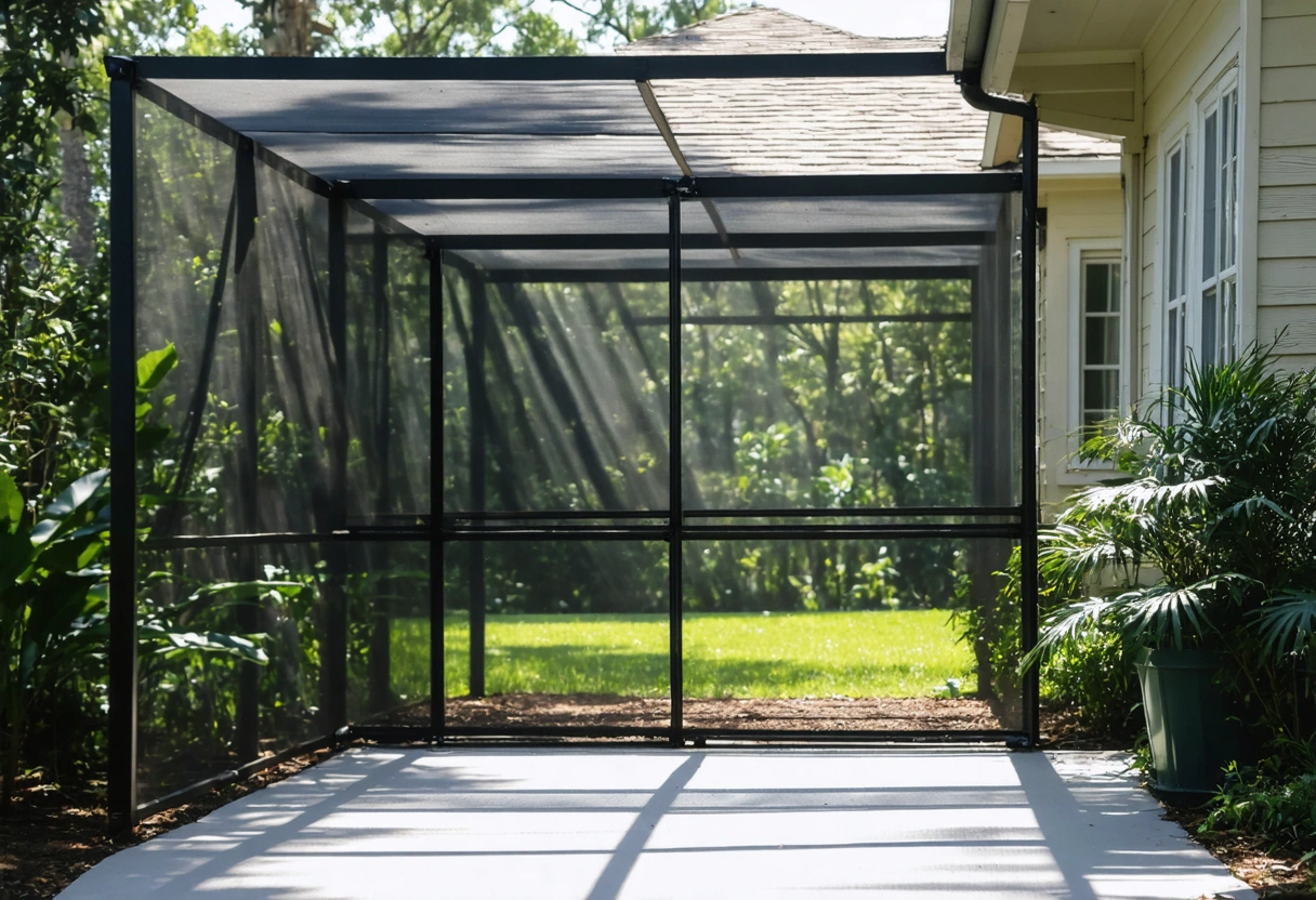 A well-maintained screen enclosure in Charlotte County, with lush greenery outside, sunlight filtering through, demonstrating