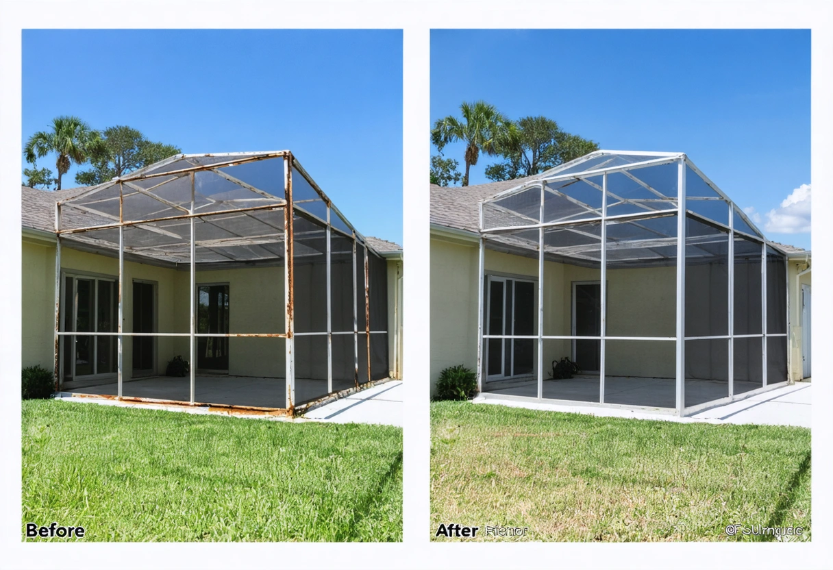 Before and after images of a screen enclosure repair in Charlotte County, showing rusted frames