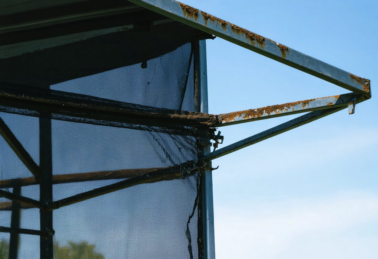 Close-up of a screen enclosure in Charlotte County showing corrosion and frame damage from salty