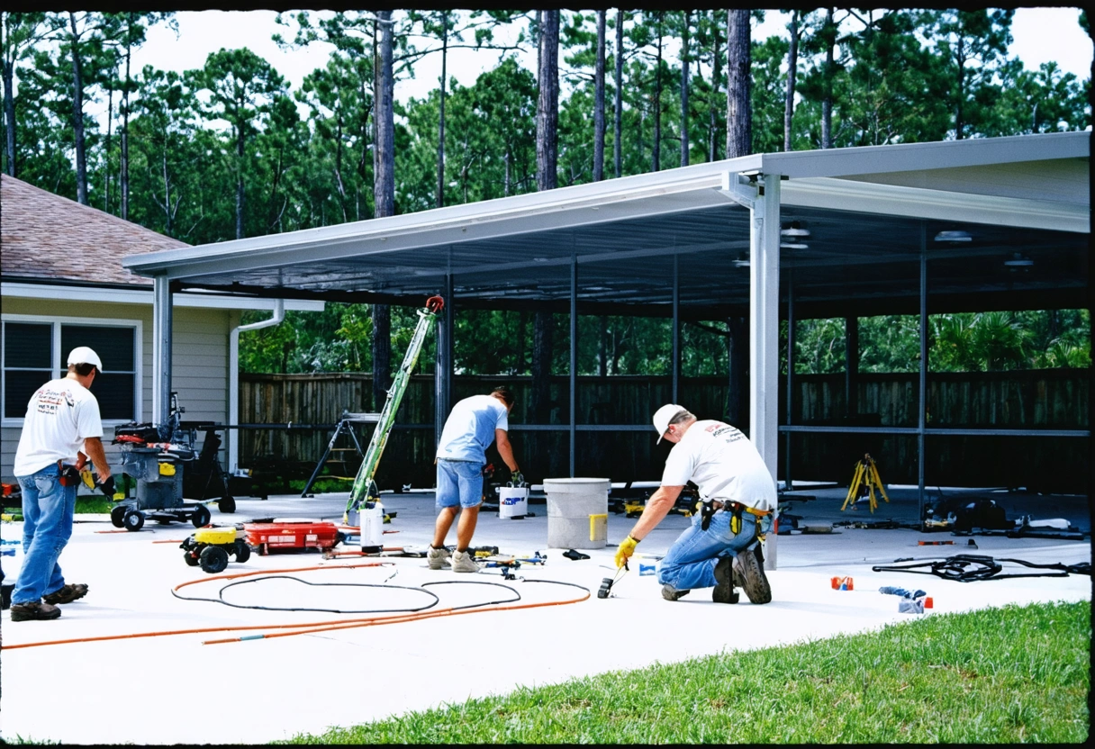 Workers installing a screen enclosure in a Port Charlotte backyard, focusing on the aluminum framework