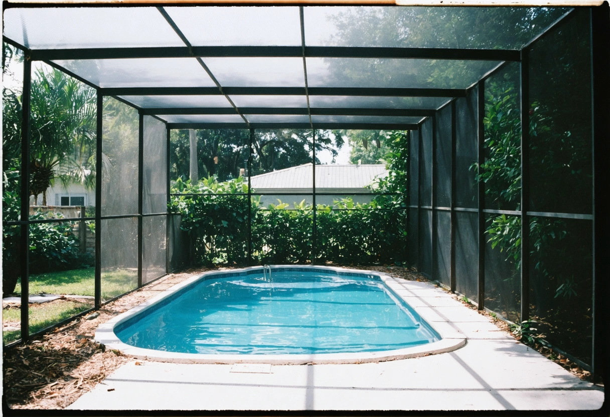 Clean pool enclosure with ventilated screens, sunny Florida backyard.