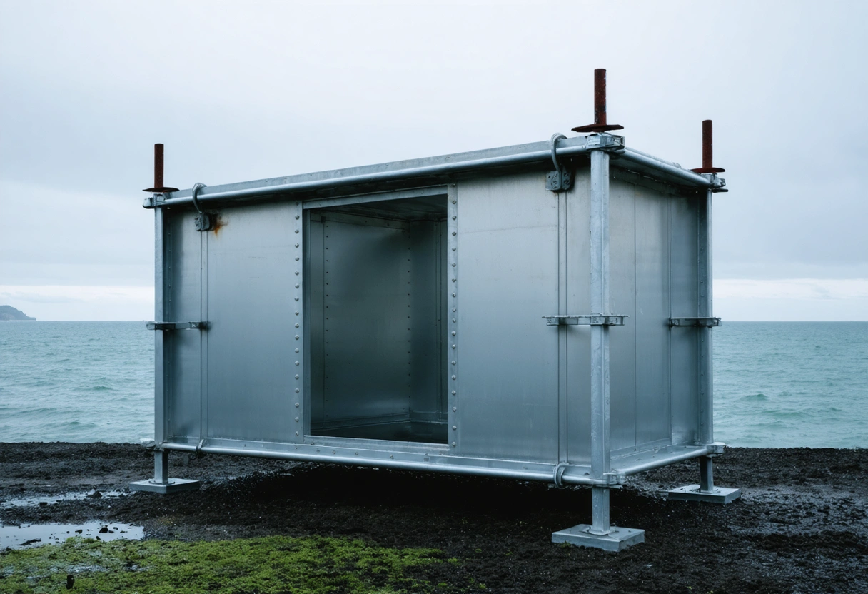 A coastal aluminum enclosure with anodized sections, showing resilience against saltwater corrosion. Overcast sky, ocean
