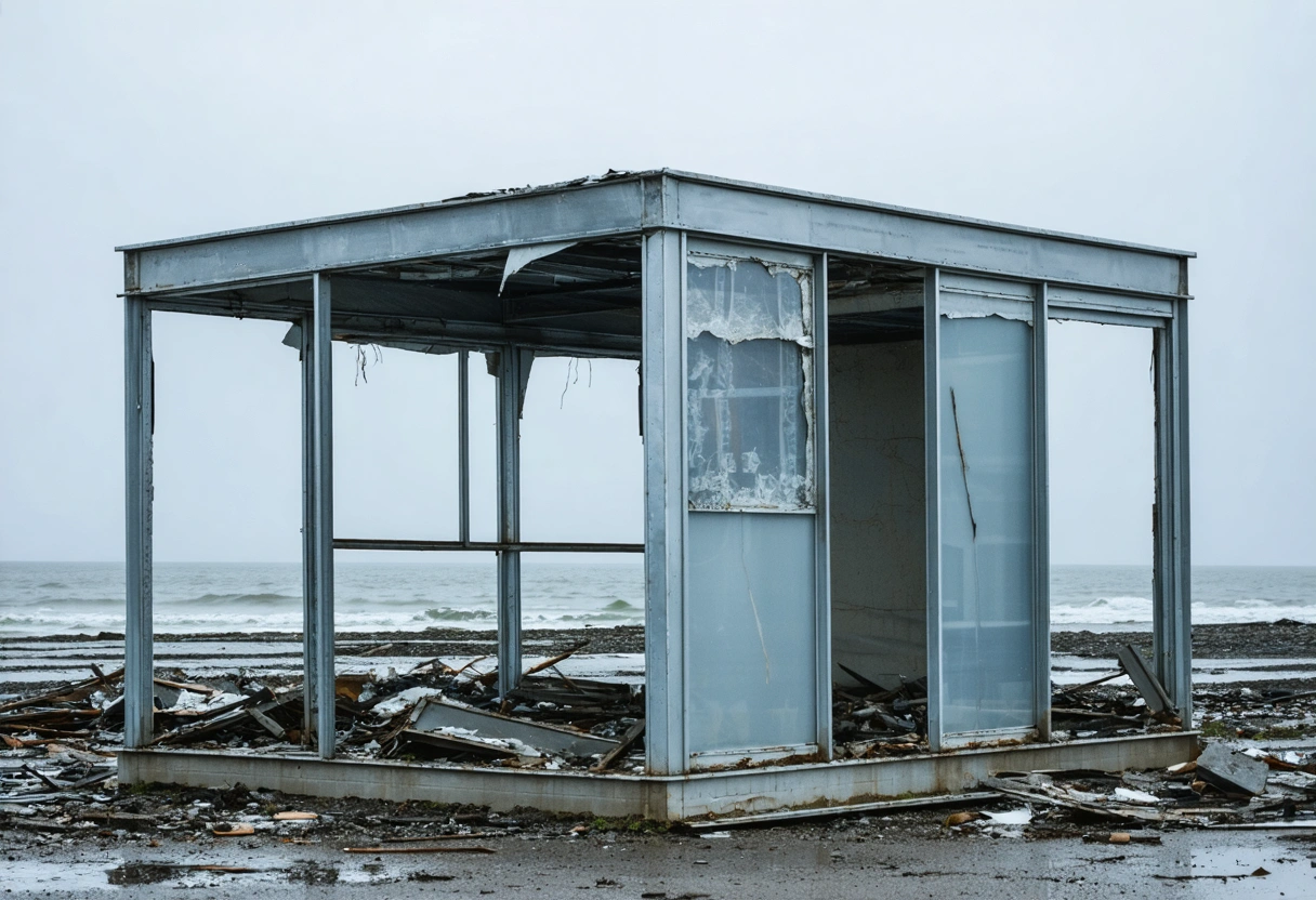 A damaged aluminum enclosure with bent frames and broken panels due to storm damage. Overcast