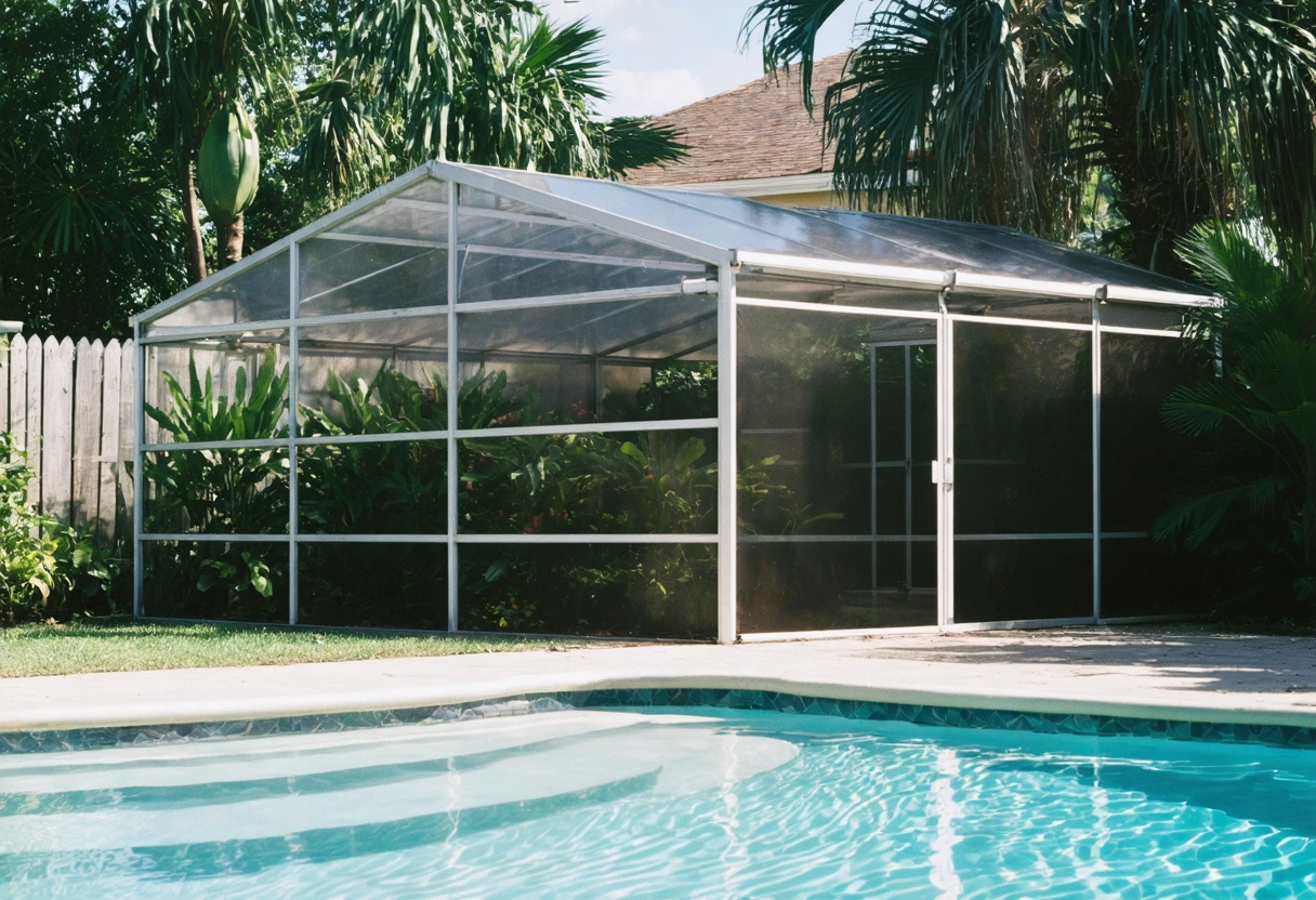 Durable pool enclosure with powder-coated aluminum, sunny backyard.