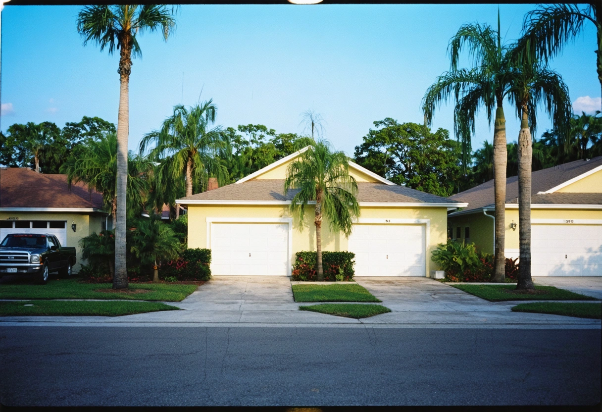 Florida neighborhood with carports, garages, palm trees, clear sky