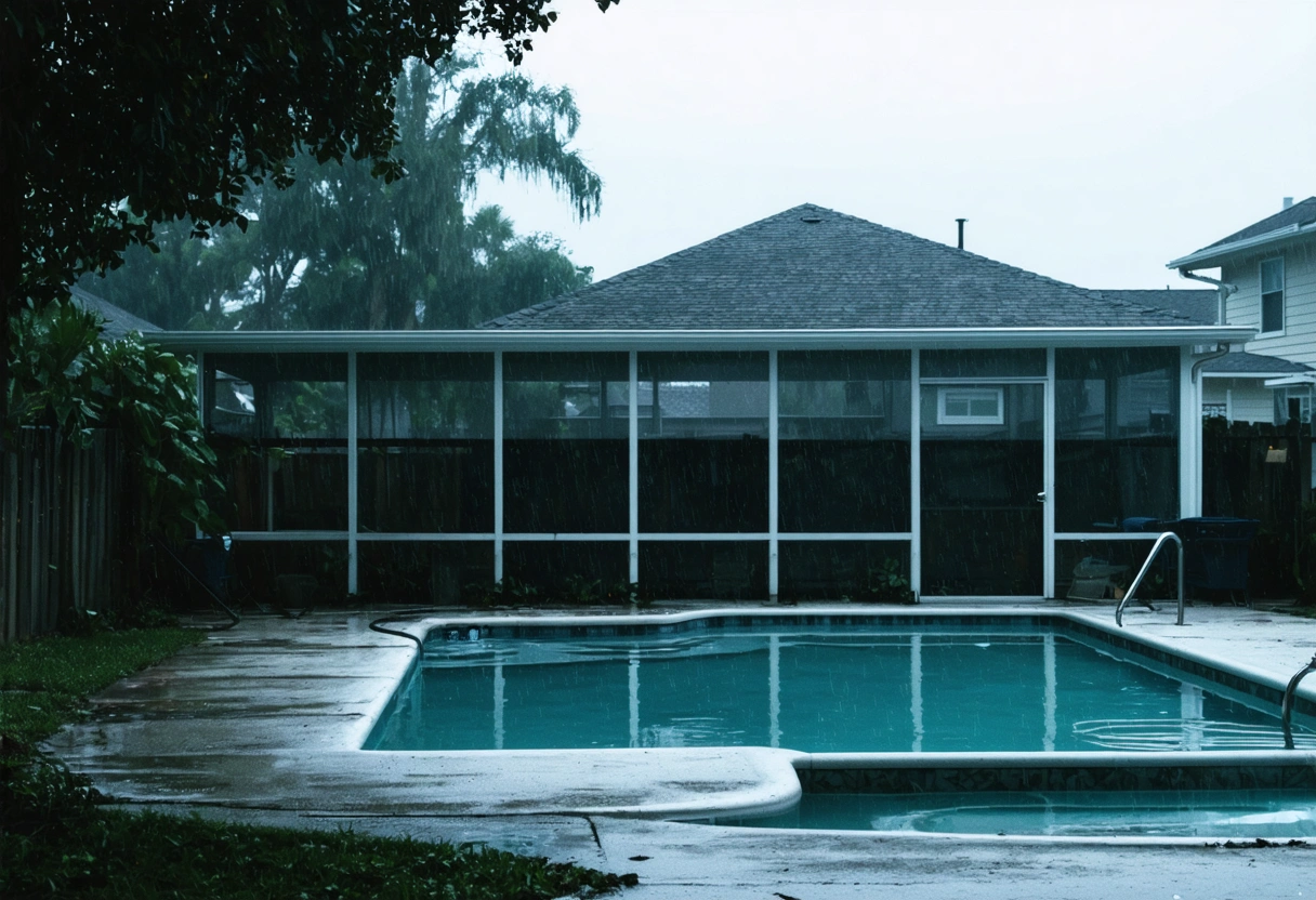 Pool enclosure with clear gutters, no water pooling, overcast backyard.