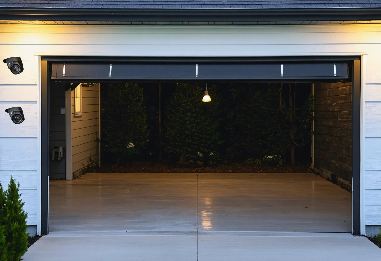 Garage with security features, cameras, motion lights, evening setting