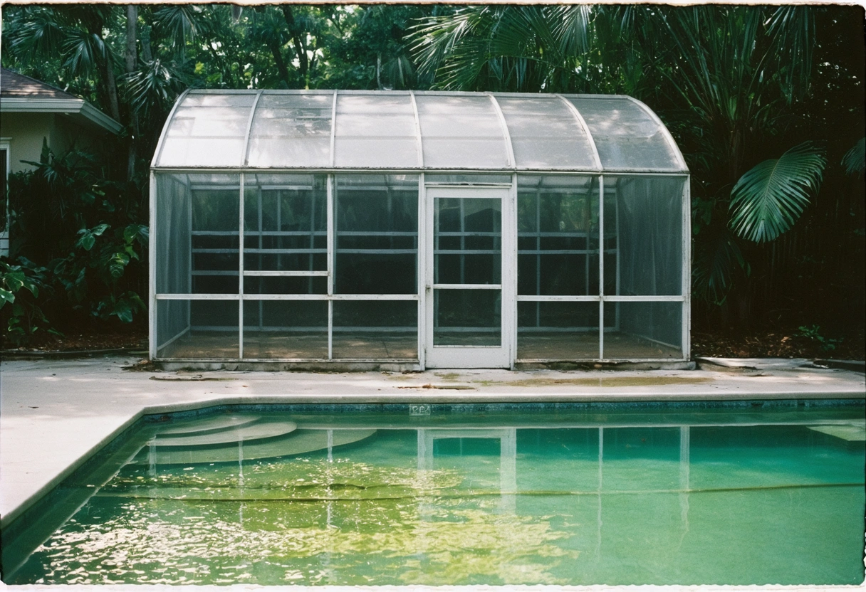 Worn pool enclosure with faded frames and algae, tropical backyard.