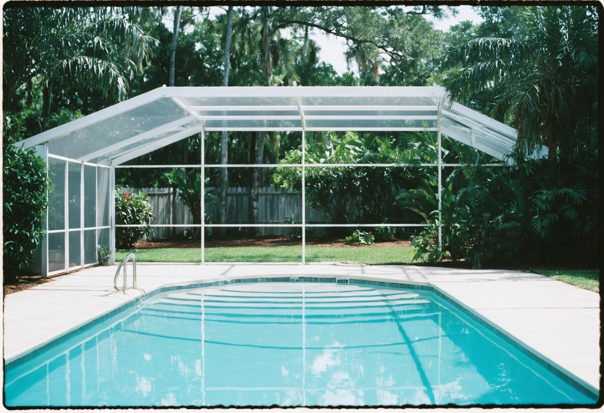 Well-maintained pool enclosure, vibrant backyard with clear pool.