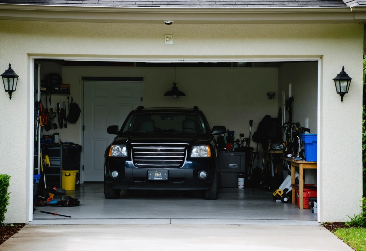 Secure garage with car, tools, and soft lighting in Florida