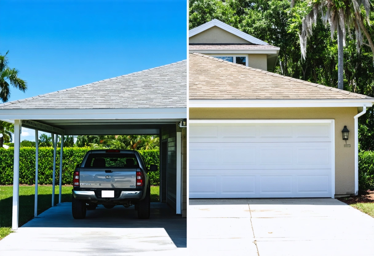 Split image of carport and garage in sunny Florida setting
