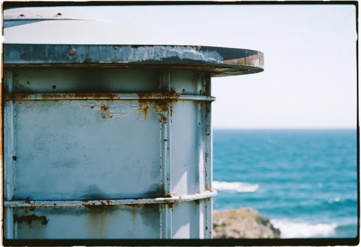 An aluminum enclosure near a coastline, showing signs of corrosion on the frame. Ocean in