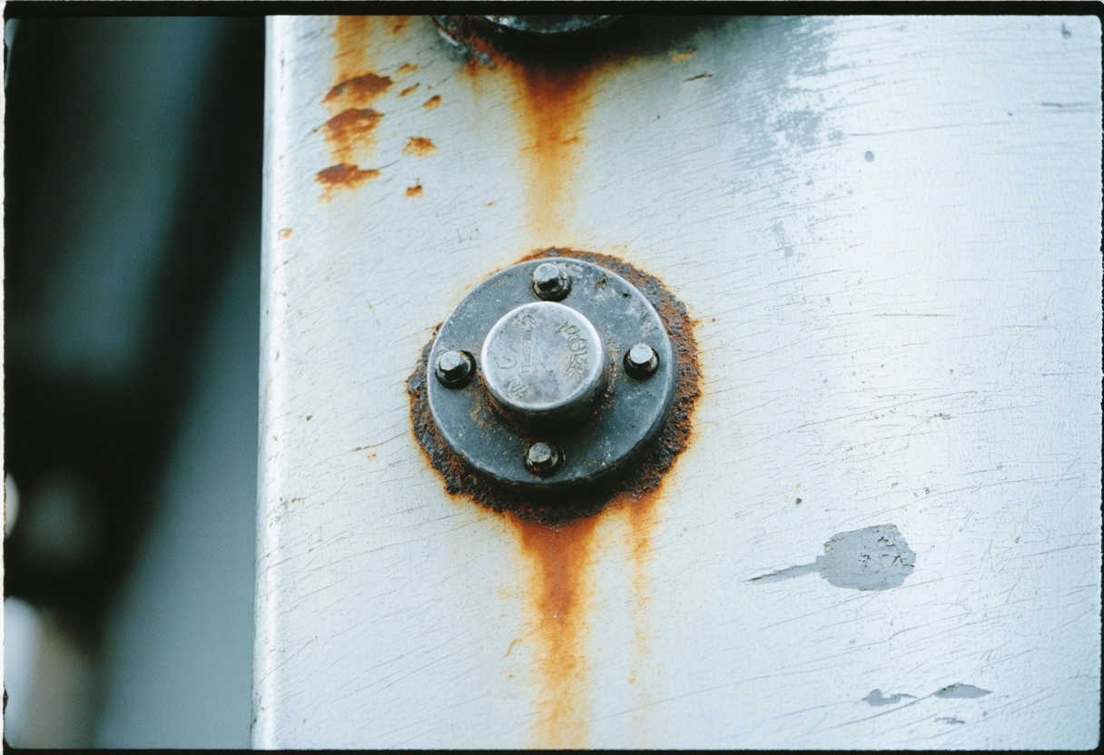 Close-up of an anchoring system on an aluminum enclosure, showing bolts and screws. Daylight, focus