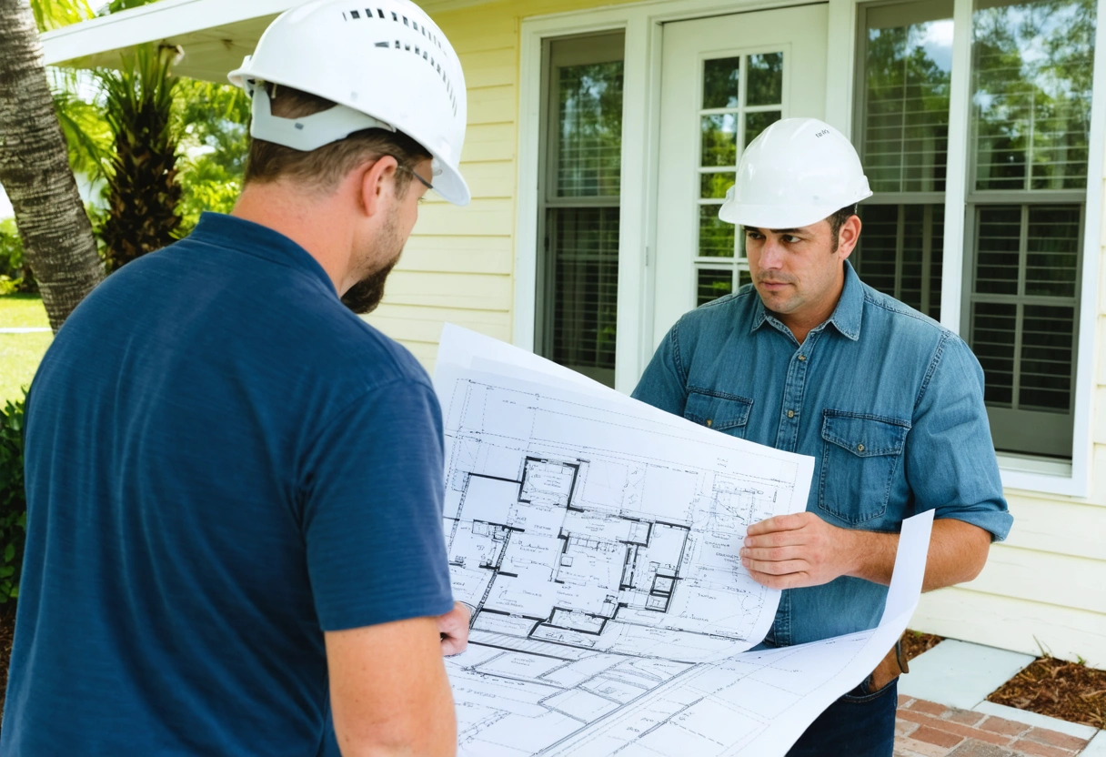 Contractor discussing screen enclosure plans with homeowner, blueprints and permits visible, ensuring compliance with Southwest