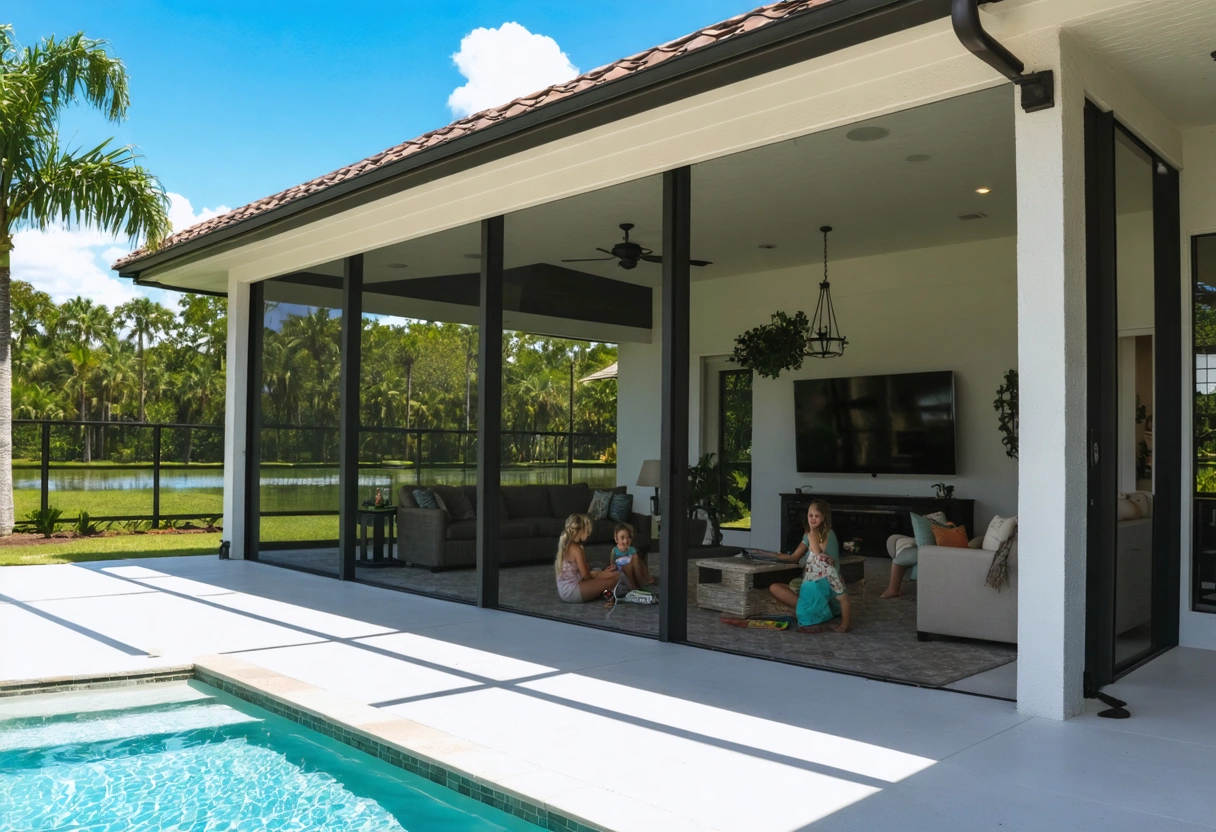 Customizable screen enclosure in a Southwest Florida home, designed for comfort and style, family enjoying