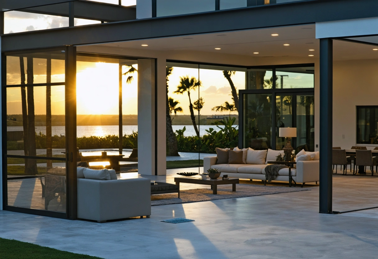 Elegant screen enclosure with sleek design, enhancing a Southwest Florida home's aesthetic appeal, stylish furniture