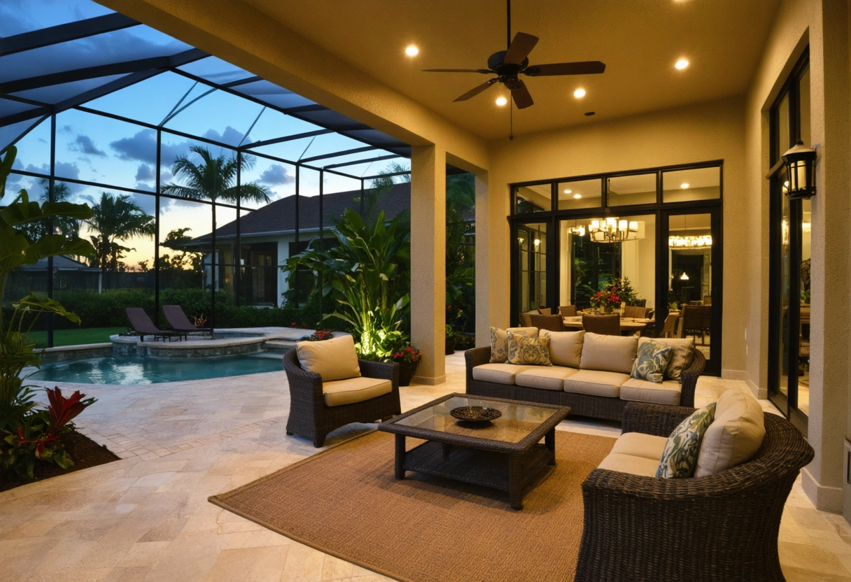 Tranquil screen-enclosed patio in Southwest Florida, designed for relaxation, comfortable seating, lush garden view, evening