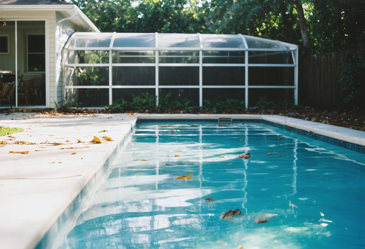Aluminum pool enclosure keeping debris out, clear pool, bright afternoon light