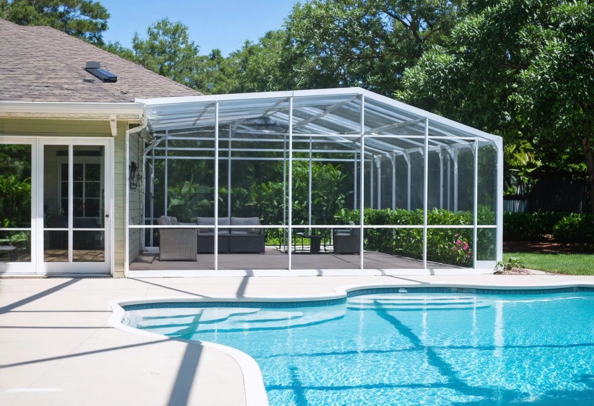 Homeowner admiring aluminum pool enclosure, sparkling pool, lush greenery