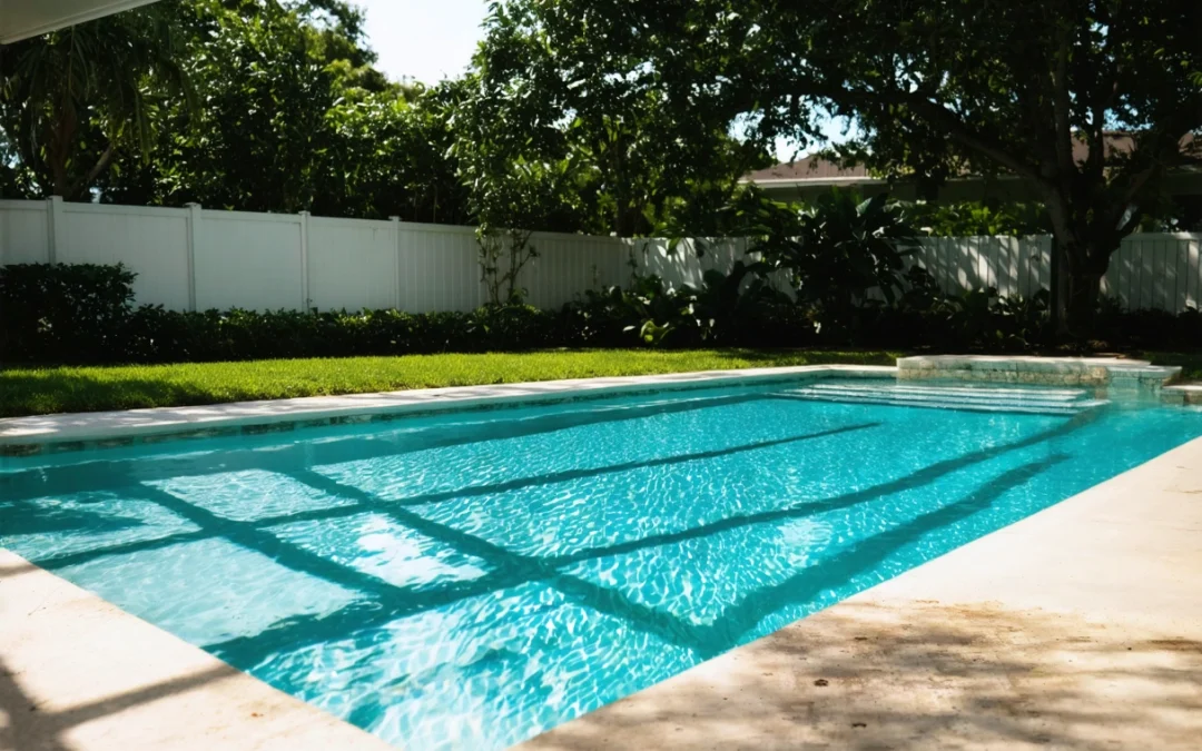 "Florida backyard pool with aluminum enclosure under bright sun, reducing maintenance in Boca Grande."