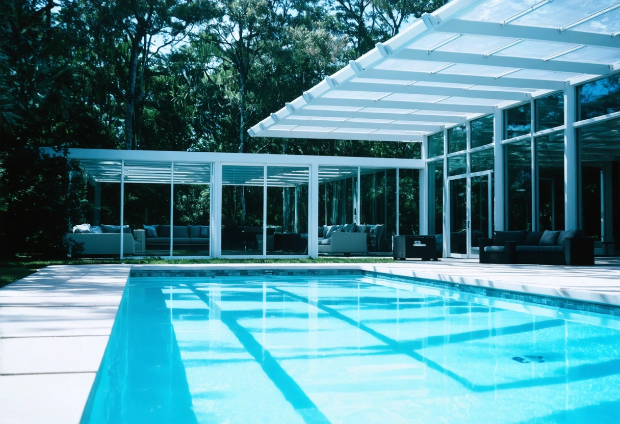 Modern pool enclosure with smart technology, homeowner using smartphone, solar panels