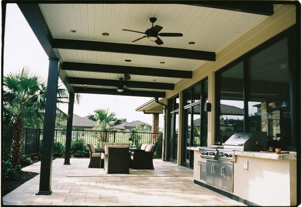 A multifunctional aluminum patio enclosure with outdoor kitchen and seating area. Daytime, showing climate control