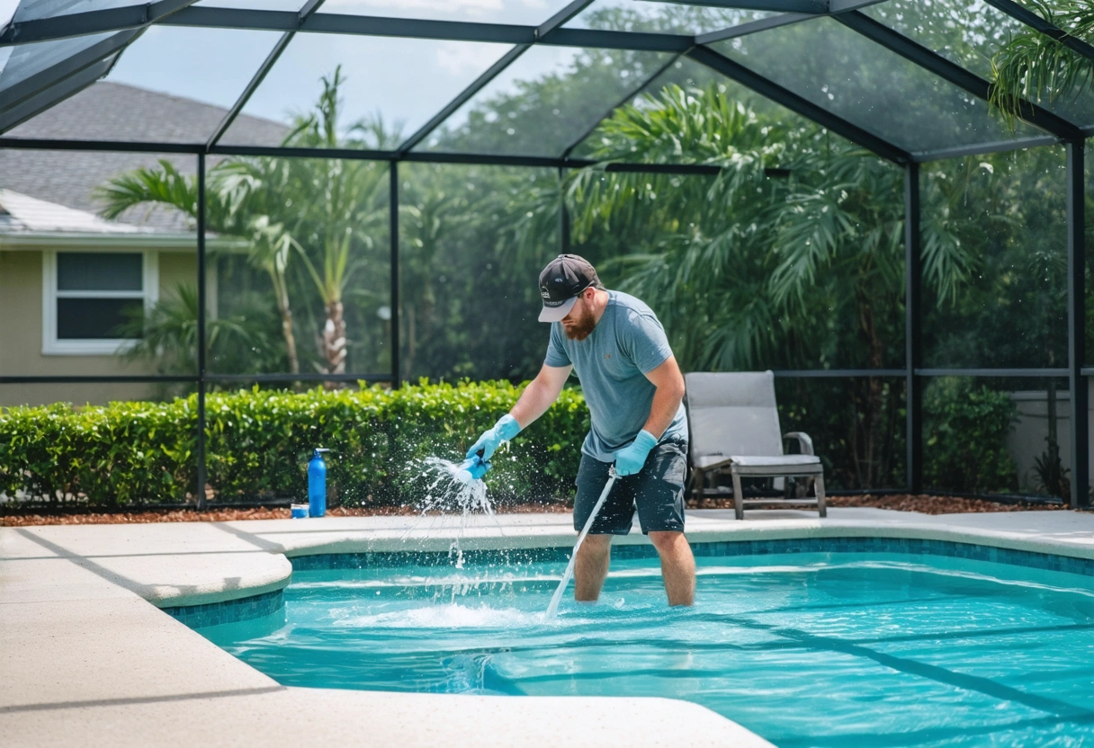 Person cleaning aluminum pool enclosure with soap and water, bright daylight