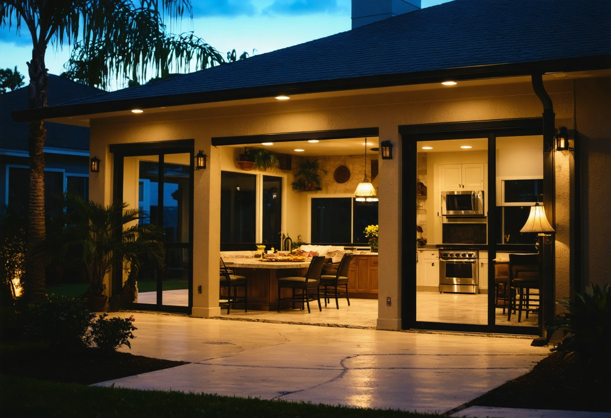 A stylish aluminum patio enclosure with retractable screens and smart lighting. Evening setting with warm