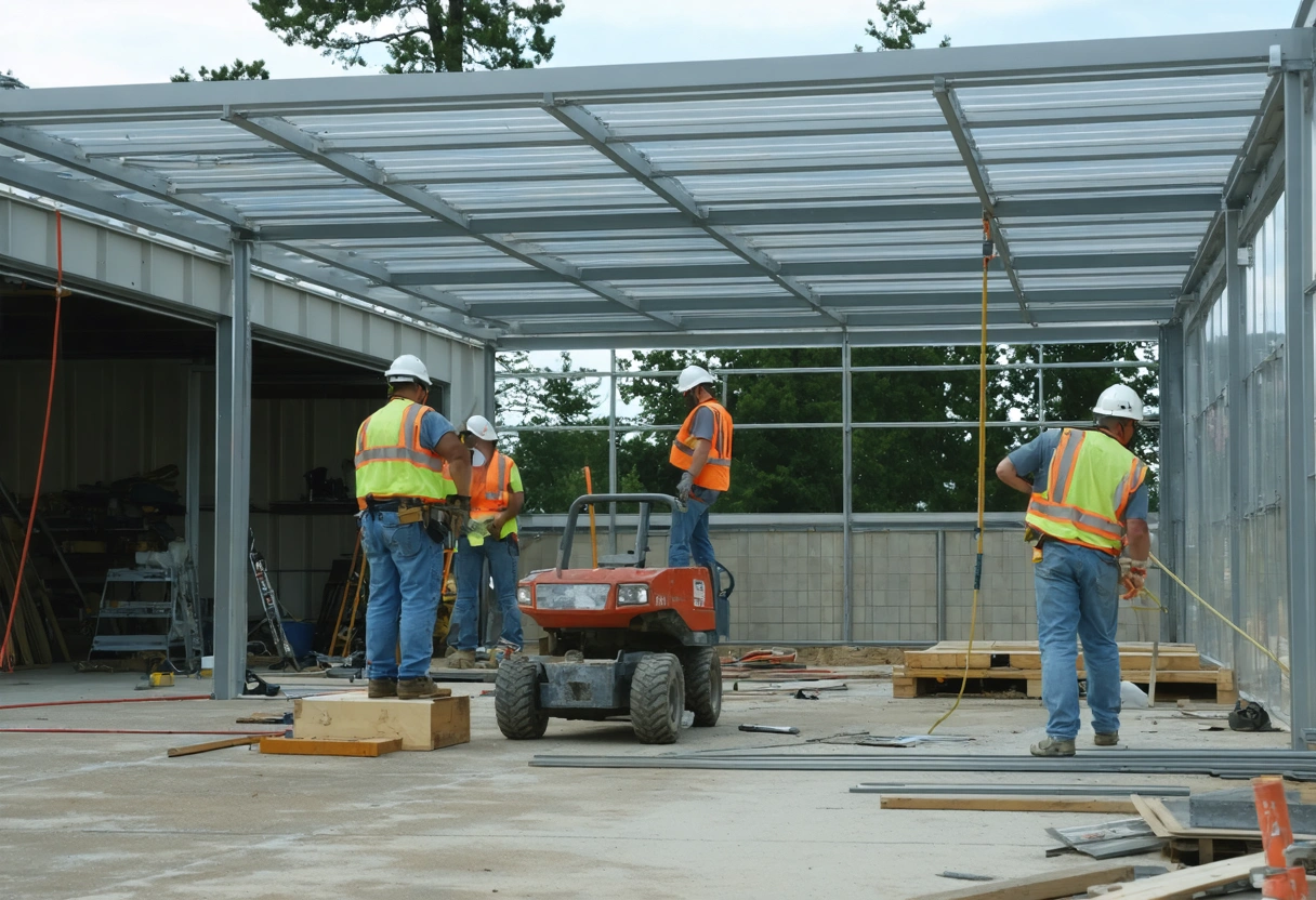 A sustainable aluminum patio enclosure under construction, featuring recycled materials. Workers in safety gear assemble