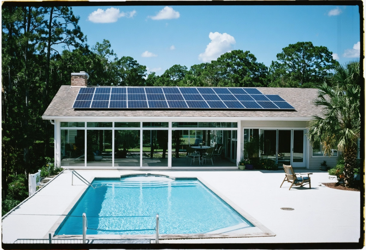 Sustainable Florida home with aluminum pool enclosure and solar panels