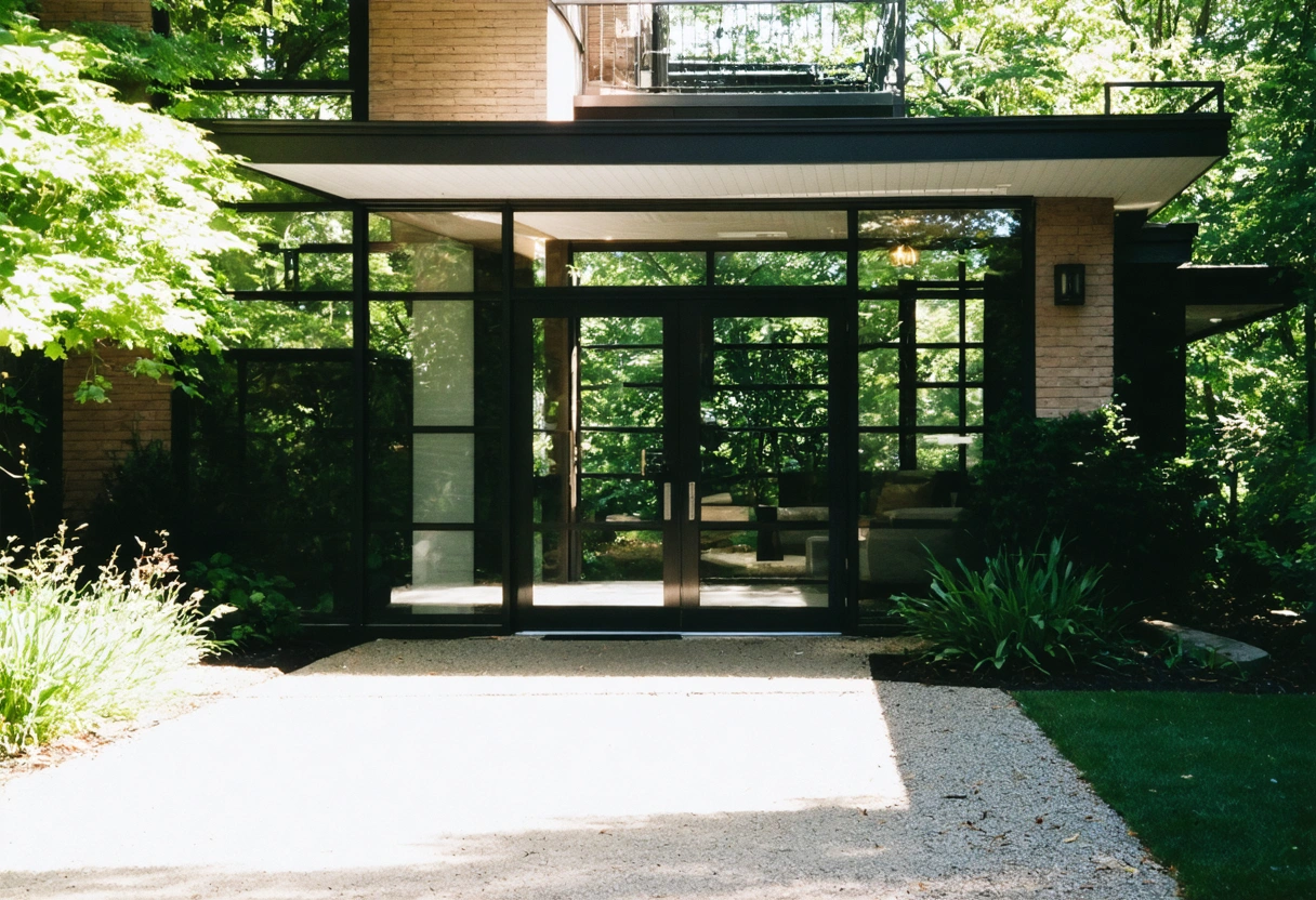 Aluminum entry enclosure on home facade with greenery and modern look.