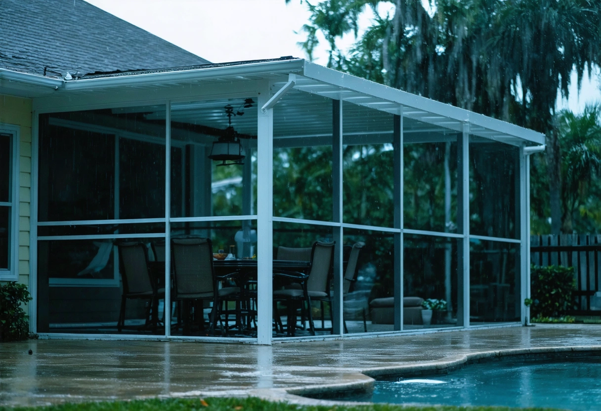 An aluminum patio enclosure in Punta Gorda during a rainstorm, showcasing its weather resilience. Reinforced