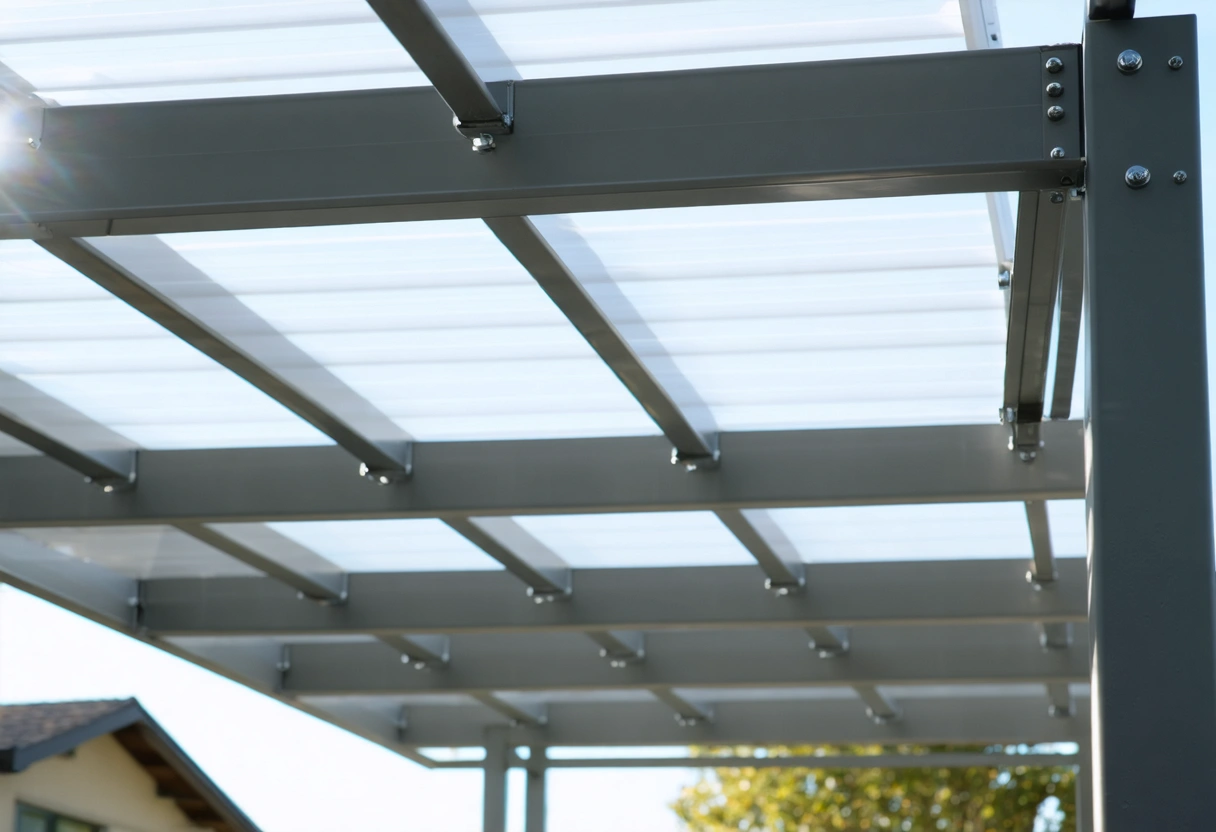 Close-up of aluminum patio enclosure framework, showing beams and joints with high-quality fasteners. Bright daylight